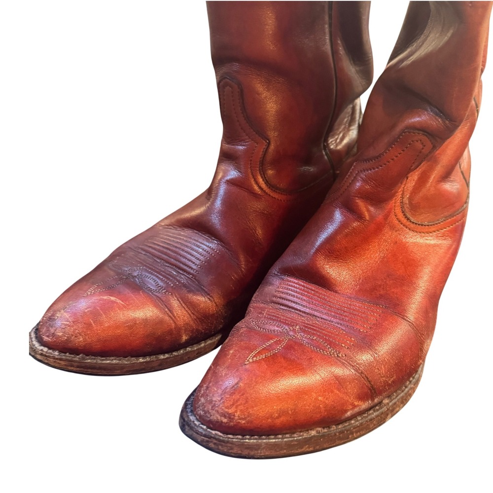 Tony Lama Leather Western Cowboy Boots Mens Brown Pull On 8.5 F USA 90s VTG - Picture 4 of 10
